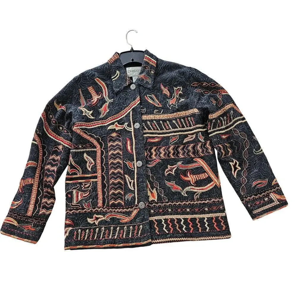 Vintage Embroidery Metallic Button Front Jacket Blazer Cottagecore Size M